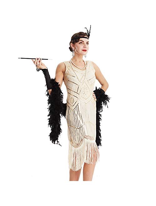 OKQ Women's Vintage 1920s Sequin Beaded Tassels Hem Flapper Dress w/Accessories Set 083