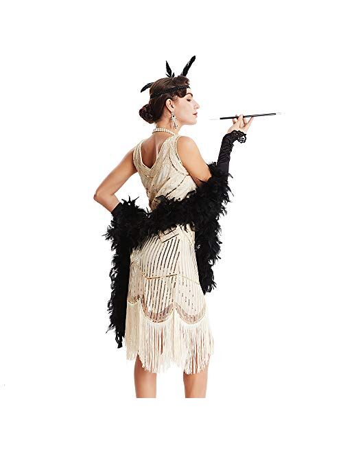 OKQ Women's Vintage 1920s Sequin Beaded Tassels Hem Flapper Dress w/Accessories Set 083