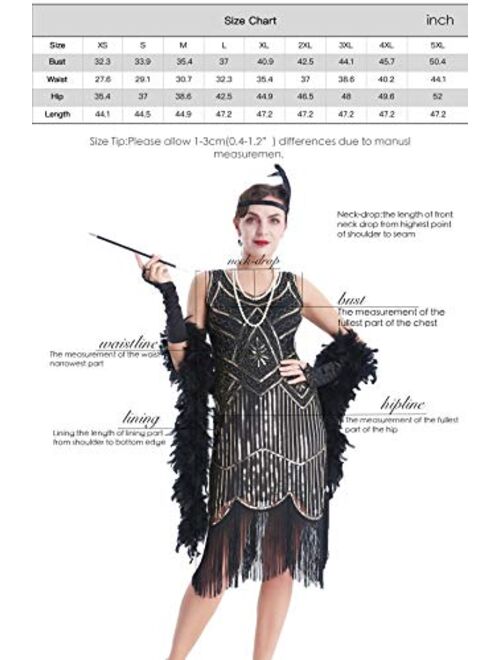 OKQ Women's Vintage 1920s Sequin Beaded Tassels Hem Flapper Dress w/Accessories Set 083