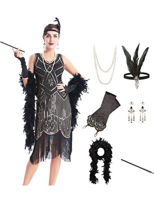 OKQ Women's Vintage 1920s Sequin Beaded Tassels Hem Flapper Dress w/Accessories Set 083