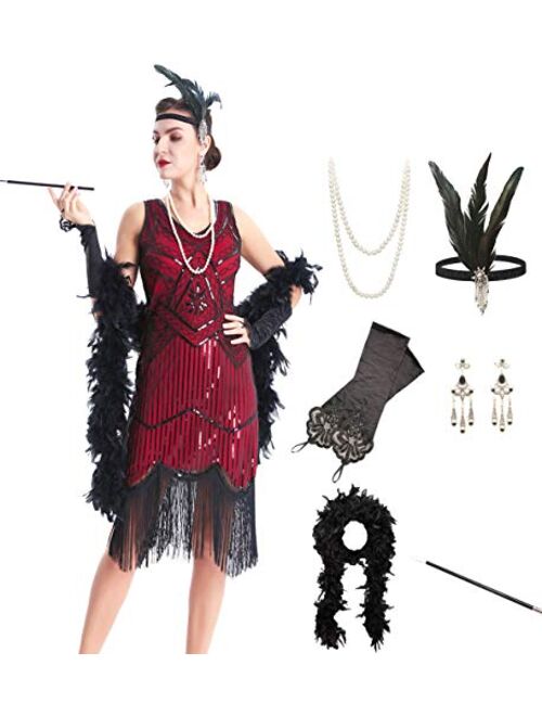 OKQ Women's Vintage 1920s Sequin Beaded Tassels Hem Flapper Dress w/Accessories Set 083