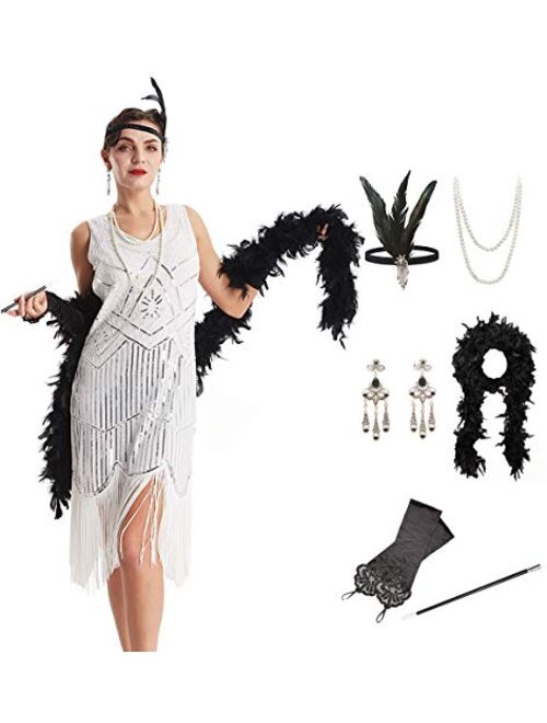 OKQ Women's Vintage 1920s Sequin Beaded Tassels Hem Flapper Dress w/Accessories Set 083