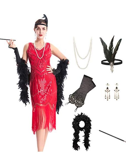 OKQ Women's Vintage 1920s Sequin Beaded Tassels Hem Flapper Dress w/Accessories Set 083