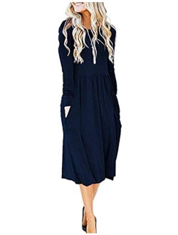 MISFAY Women's Long Sleeve Pockets Empire Waist Pleated Loose Swing Casual Flare Midi Dress