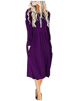 MISFAY Women's Long Sleeve Pockets Empire Waist Pleated Loose Swing Casual Flare Midi Dress