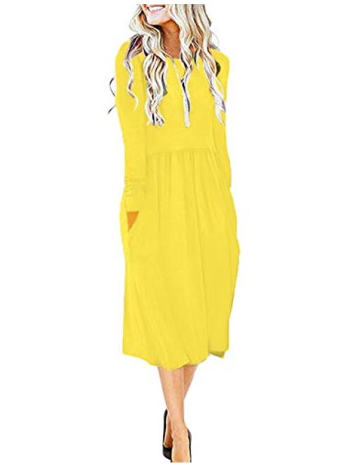 MISFAY Women's Long Sleeve Pockets Empire Waist Pleated Loose Swing Casual Flare Midi Dress