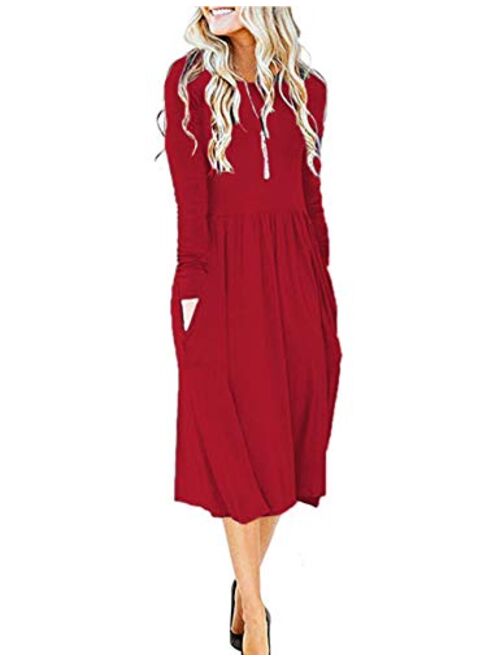 MISFAY Women's Long Sleeve Pockets Empire Waist Pleated Loose Swing Casual Flare Midi Dress