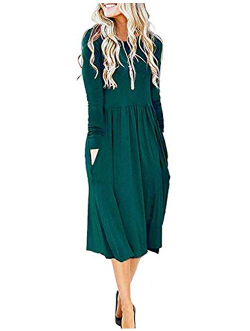 MISFAY Women's Long Sleeve Pockets Empire Waist Pleated Loose Swing Casual Flare Midi Dress