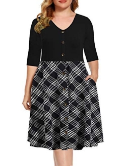 BEDOAR Women's Casual Plus Size Dress V-Neck Knee-Length A-Line Party Cocktail Swing Dress with Pockets