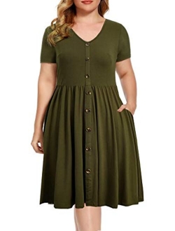 BEDOAR Women's Casual Plus Size Dress V-Neck Knee-Length A-Line Party Cocktail Swing Dress with Pockets