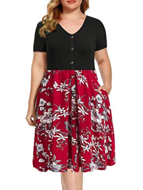 BEDOAR Women's Casual Plus Size Dress V-Neck Knee-Length A-Line Party Cocktail Swing Dress with Pockets