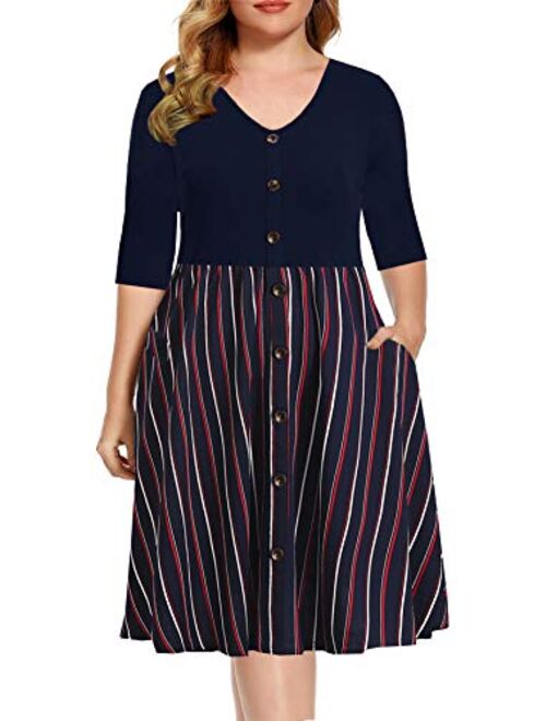 BEDOAR Women's Casual Plus Size Dress V-Neck Knee-Length A-Line Party Cocktail Swing Dress with Pockets