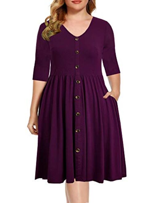 BEDOAR Women's Casual Plus Size Dress V-Neck Knee-Length A-Line Party Cocktail Swing Dress with Pockets