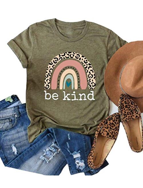 Womens Be Kind Shirt and Tank Tops Leopard Rainbow Print Graphic Tees Inspirational Teacher Tees Tops