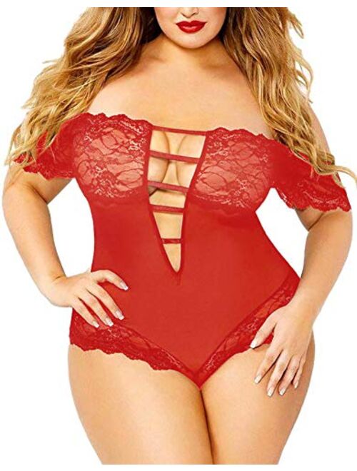 Plus Size Lingerie for Women, Sexy Off-Shoulder See Through Sheer Mesh Plunging Lace Trim Teddy