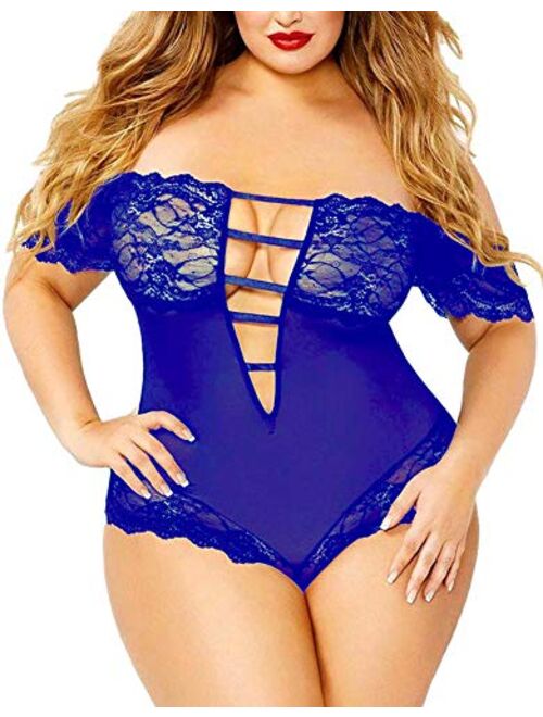 Plus Size Lingerie for Women, Sexy Off-Shoulder See Through Sheer Mesh Plunging Lace Trim Teddy