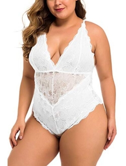 Aranmei Women Sexy Plus Size Hollow Out Floral Lace Bodysuit Deep V Sna-p Crotch Teddy Lingerie