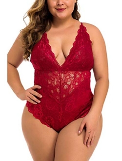 Aranmei Women Sexy Plus Size Hollow Out Floral Lace Bodysuit Deep V Sna-p Crotch Teddy Lingerie