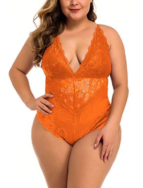 Aranmei Women Sexy Plus Size Hollow Out Floral Lace Bodysuit Deep V Sna-p Crotch Teddy Lingerie