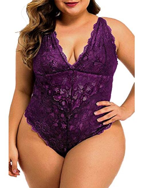 Aranmei Women Sexy Plus Size Hollow Out Floral Lace Bodysuit Deep V Sna-p Crotch Teddy Lingerie