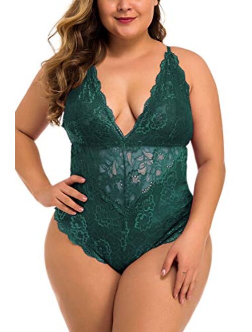 Aranmei Women Sexy Plus Size Hollow Out Floral Lace Bodysuit Deep V Sna-p Crotch Teddy Lingerie