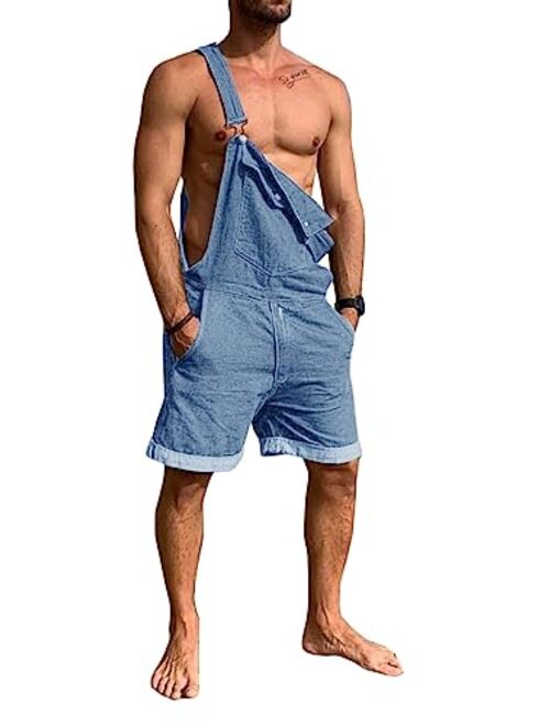 Karlywindow Men's Denim Loose Fit Summer Walk Shorts Above Knee Length Shortalls Bib Overall Shorts