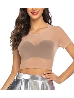 Mesh Crop Top for Women Short Sleeve Bodycon Tees See Through Blouse O Neck Clubwear