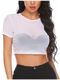 Mesh Crop Top for Women Short Sleeve Bodycon Tees See Through Blouse O Neck Clubwear