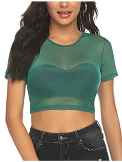 Mesh Crop Top for Women Short Sleeve Bodycon Tees See Through Blouse O Neck Clubwear