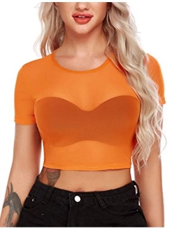 Mesh Crop Top for Women Short Sleeve Bodycon Tees See Through Blouse O Neck Clubwear