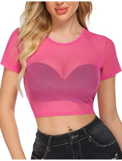 Mesh Crop Top for Women Short Sleeve Bodycon Tees See Through Blouse O Neck Clubwear