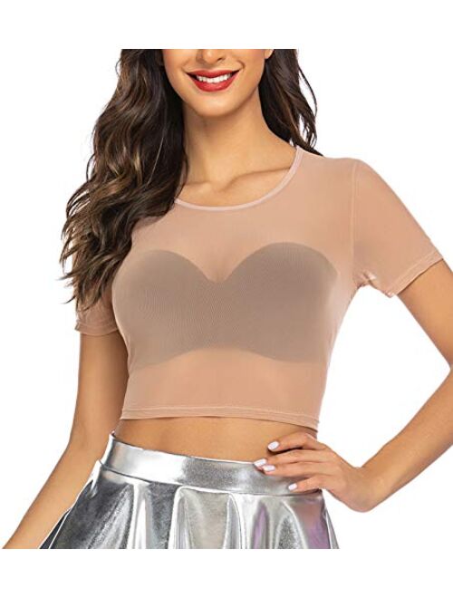 Avidlove Mesh Crop Top for Women Short Sleeve Bodycon Tees See Through Blouse O Neck Clubwear