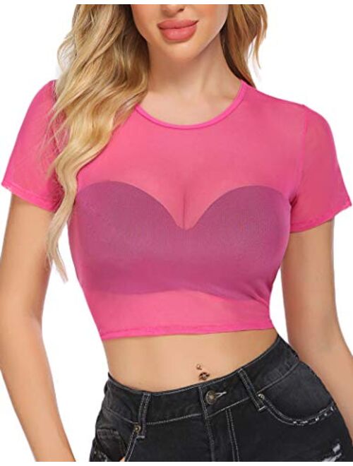 Avidlove Mesh Crop Top for Women Short Sleeve Bodycon Tees See Through Blouse O Neck Clubwear