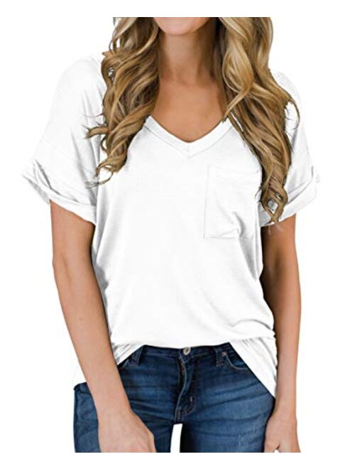 PrinStory Women's Casual Tops Short Sleeve V-Neck Shirts Loose Blouse Basic Tee T-Shirt