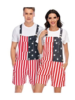 YXLUOKY Unisex Men's Women's Patriotic American Flag Print Denim Bib Overall Shorts Jeans