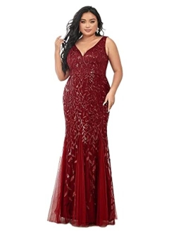 Women's Double V-Neck Sleeveless Mermaid Dress Plus Size Evening Prom Dress 78862 Black US14