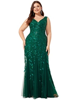 Women's Double V-Neck Sleeveless Mermaid Dress Plus Size Evening Prom Dress 78862 Black US14