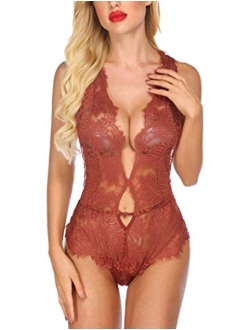 ADOME Women One Piece Lingerie Deep V Teddy Lace Bodysuit Mini Babydoll