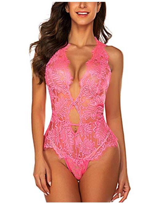 ADOME Women One Piece Lingerie Deep V Teddy Lace Bodysuit Mini Babydoll