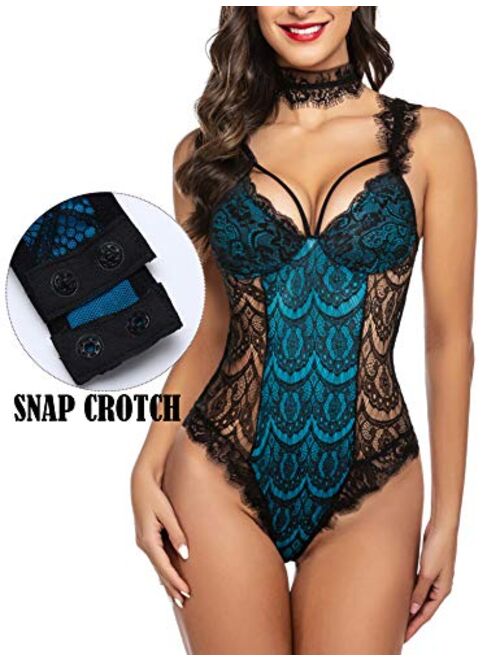 ADOME Womens Snap Crotch Lingerie Sexy Lace Bodysuit with Chocker Eyelash Teddy