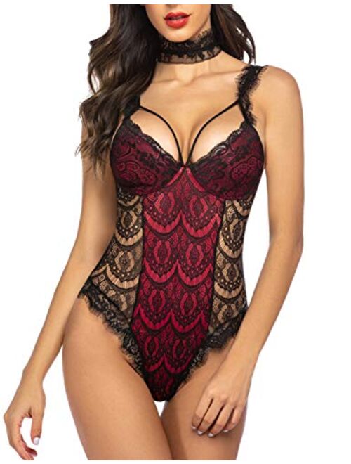 ADOME Womens Snap Crotch Lingerie Sexy Lace Bodysuit with Chocker Eyelash Teddy