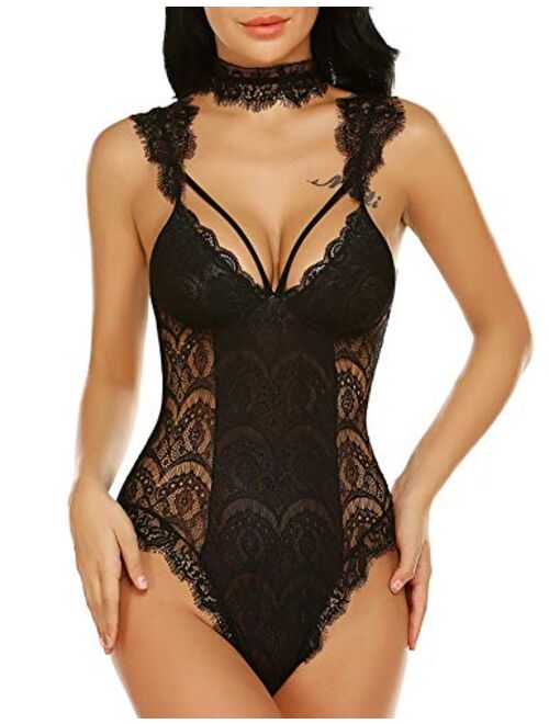 ADOME Womens Snap Crotch Lingerie Sexy Lace Bodysuit with Chocker Eyelash Teddy