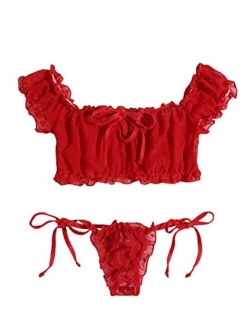 Women's Self Tie Ruffle Trim Dobby Mesh Lingerie Set Sexy Bra and Panty