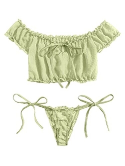 Women's Self Tie Ruffle Trim Dobby Mesh Lingerie Set Sexy Bra and Panty