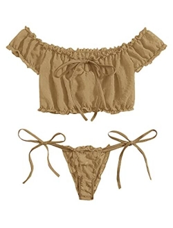 Women's Self Tie Ruffle Trim Dobby Mesh Lingerie Set Sexy Bra and Panty