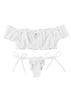 Women's Self Tie Ruffle Trim Dobby Mesh Lingerie Set Sexy Bra and Panty