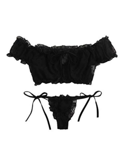 Women's Self Tie Ruffle Trim Dobby Mesh Lingerie Set Sexy Bra and Panty