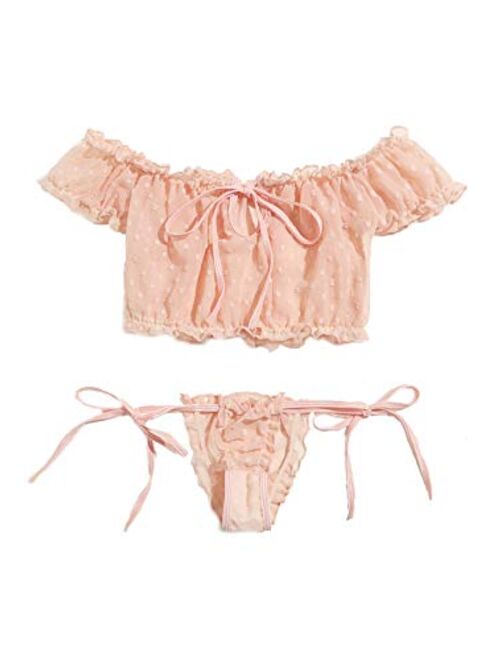 Buy SheIn Women's Self Tie Ruffle Trim Dobby Mesh Lingerie Set Sexy Bra and  Panty online