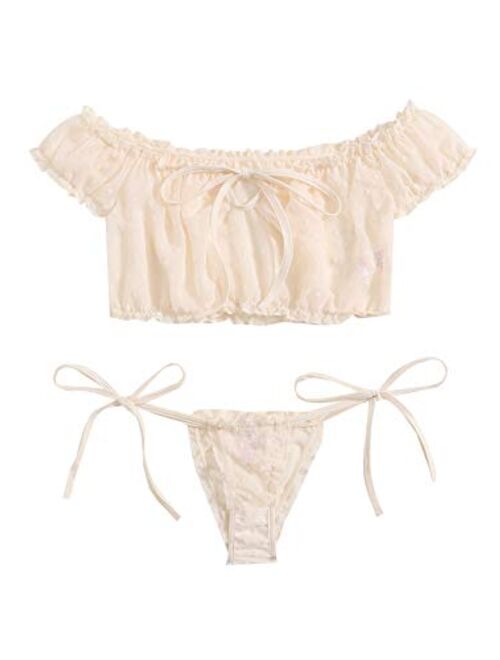 SheIn Women's Self Tie Ruffle Trim Dobby Mesh Lingerie Set Sexy Bra and Panty