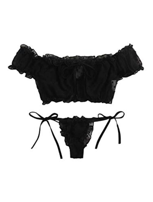 SheIn Women's Self Tie Ruffle Trim Dobby Mesh Lingerie Set Sexy Bra and Panty